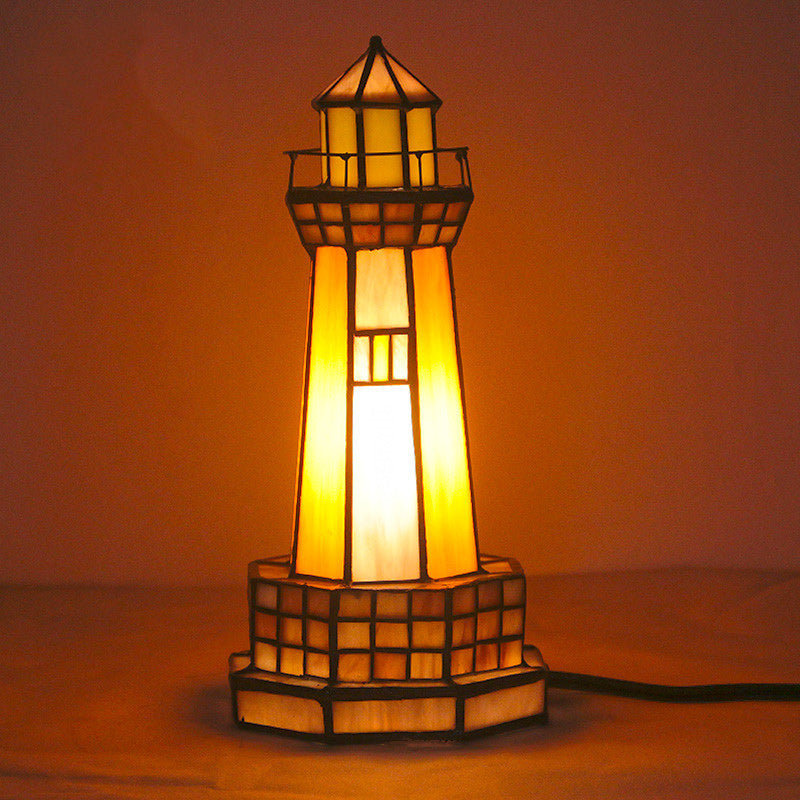 Traditional Tiffany Stained Glass Lighthouse Hardware 1-Light Table Lamp For Bedroom