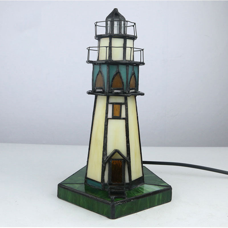 Traditional Tiffany Stained Glass Lighthouse Hardware 1-Light Table Lamp For Bedroom