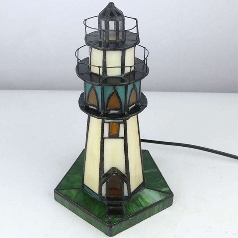 Traditional Tiffany Stained Glass Lighthouse Hardware 1-Light Table Lamp For Bedroom