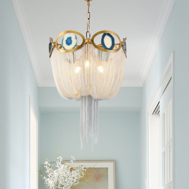 Contemporary Creative Round Agate Bead Aluminum Chain 3-Light Chandelier For Living Room