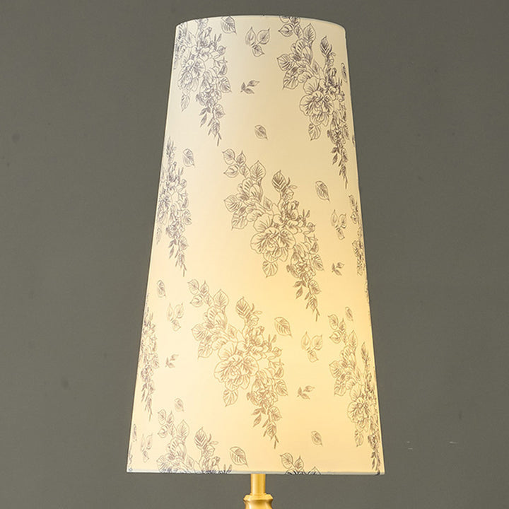 Traditional Vintage Printed Fabric Shade Copper Solid Wood Base 1-Light Standing Floor Lamp For Bedroom