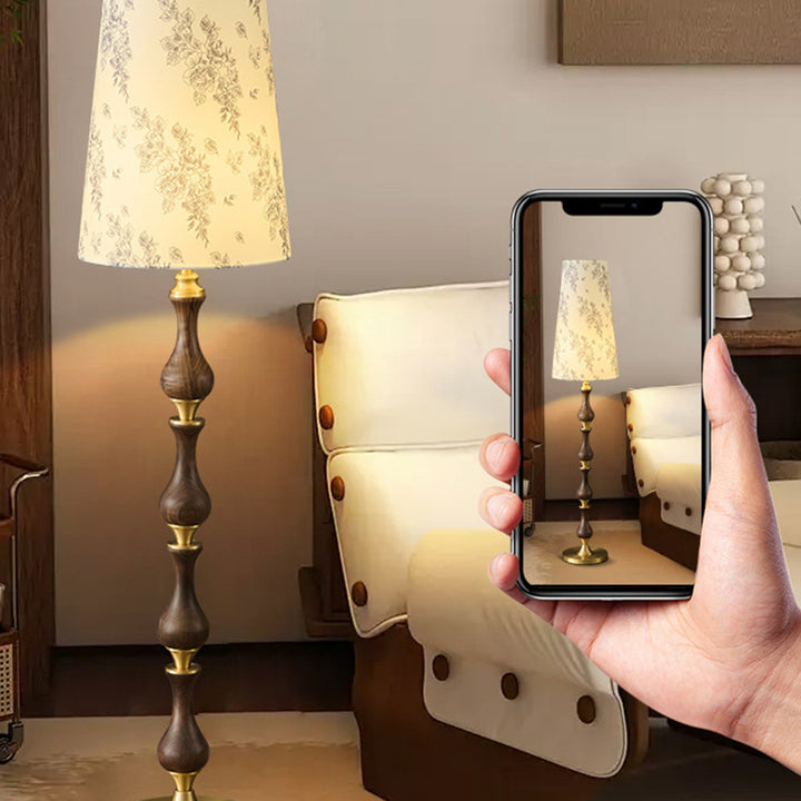Traditional Vintage Printed Fabric Shade Copper Solid Wood Base 1-Light Standing Floor Lamp For Bedroom