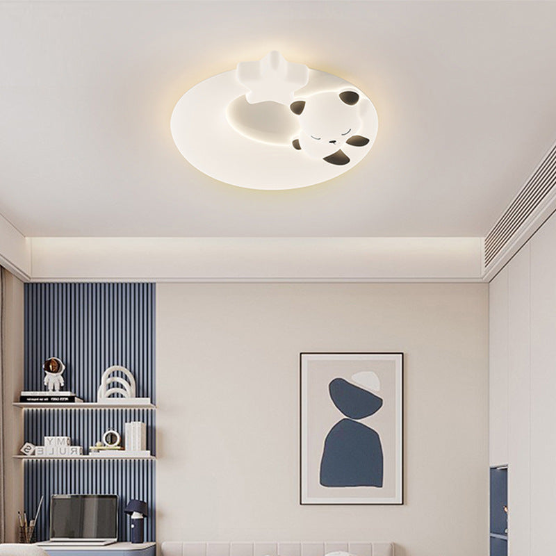 Luminaire de plafond LED à montage affleurant avec abat-jour rond en LLDPE pour salon, matériel Panda de dessin animé nordique contemporain 