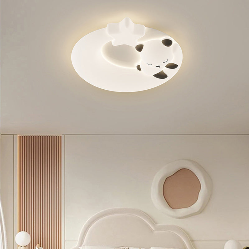Luminaire de plafond LED à montage affleurant avec abat-jour rond en LLDPE pour salon, matériel Panda de dessin animé nordique contemporain 