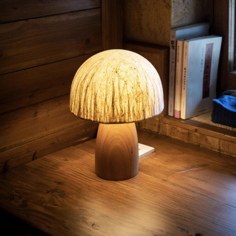 Traditional Japanese Handmade Paper Mushroom Shade Solid Wood 1-Light Table Lamp For Bedroom