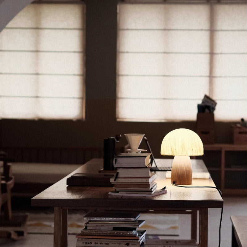 Traditional Japanese Handmade Paper Mushroom Shade Solid Wood 1-Light Table Lamp For Bedroom