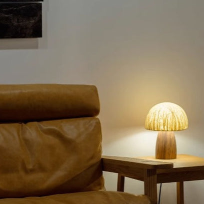 Traditional Japanese Handmade Paper Mushroom Shade Solid Wood 1-Light Table Lamp For Bedroom