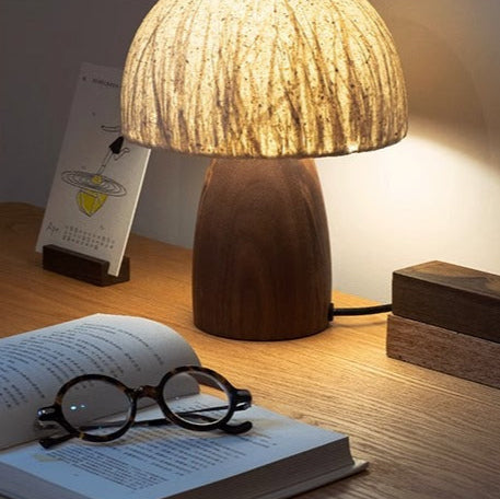 Traditional Japanese Handmade Paper Mushroom Shade Solid Wood 1-Light Table Lamp For Bedroom