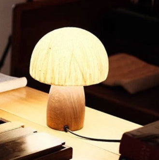 Traditional Japanese Handmade Paper Mushroom Shade Solid Wood 1-Light Table Lamp For Bedroom