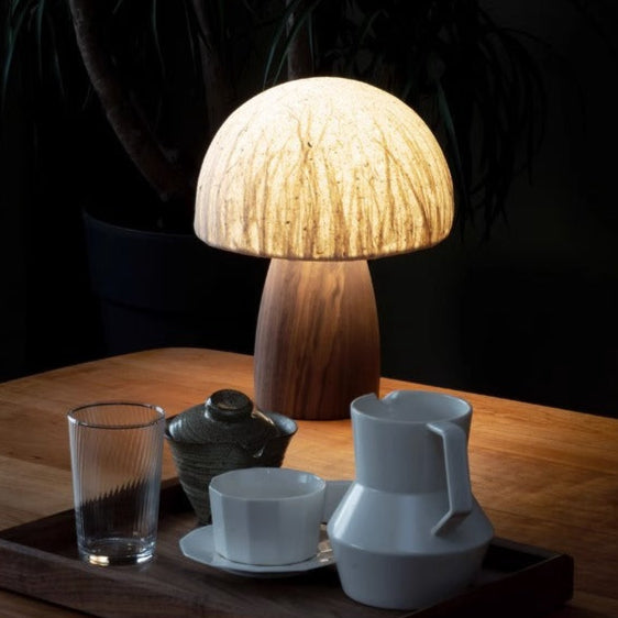 Traditional Japanese Handmade Paper Mushroom Shade Solid Wood 1-Light Table Lamp For Bedroom