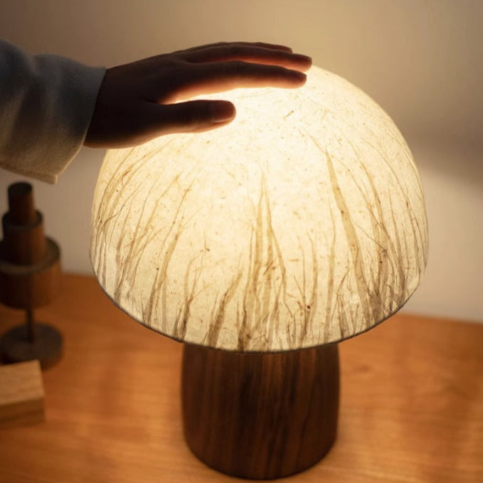 Traditional Japanese Handmade Paper Mushroom Shade Solid Wood 1-Light Table Lamp For Bedroom