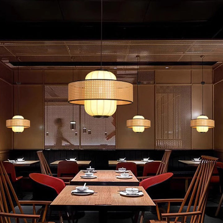 Traditional Japanese Rattan Woven Ring Fabric Cylinder Shade 1-Light Pendant Light For Living Room