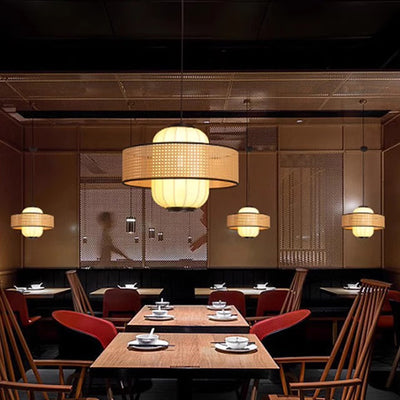 Abat-jour cylindrique en tissu d'anneau tissé en rotin japonais traditionnel 1 lumière pour salon 