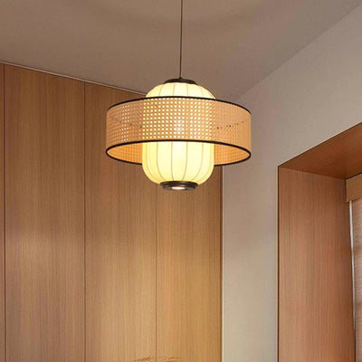 Abat-jour cylindrique en tissu d'anneau tissé en rotin japonais traditionnel 1 lumière pour salon 