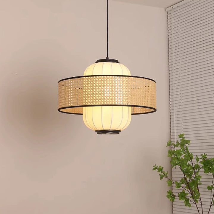 Traditional Japanese Rattan Woven Ring Fabric Cylinder Shade 1-Light Pendant Light For Living Room