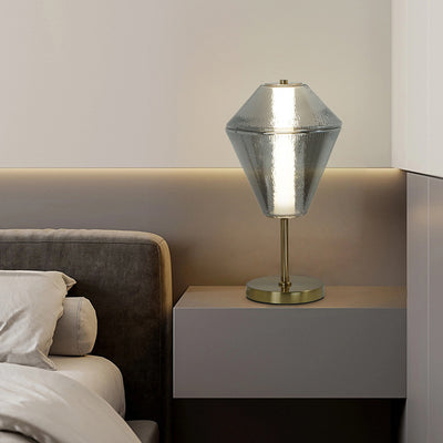 مصباح طاولة LED زجاجي بنمط تموجات الماء مع مخروط هندسي مكدس من الحديد الإسكندنافي المعاصر لغرفة النوم 