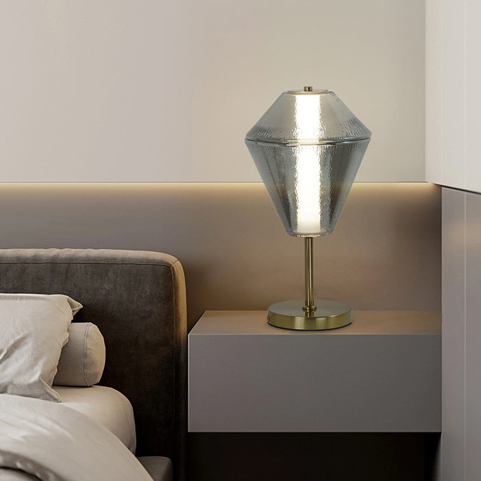 مصباح طاولة LED زجاجي بنمط تموجات الماء مع مخروط هندسي مكدس من الحديد الإسكندنافي المعاصر لغرفة النوم 