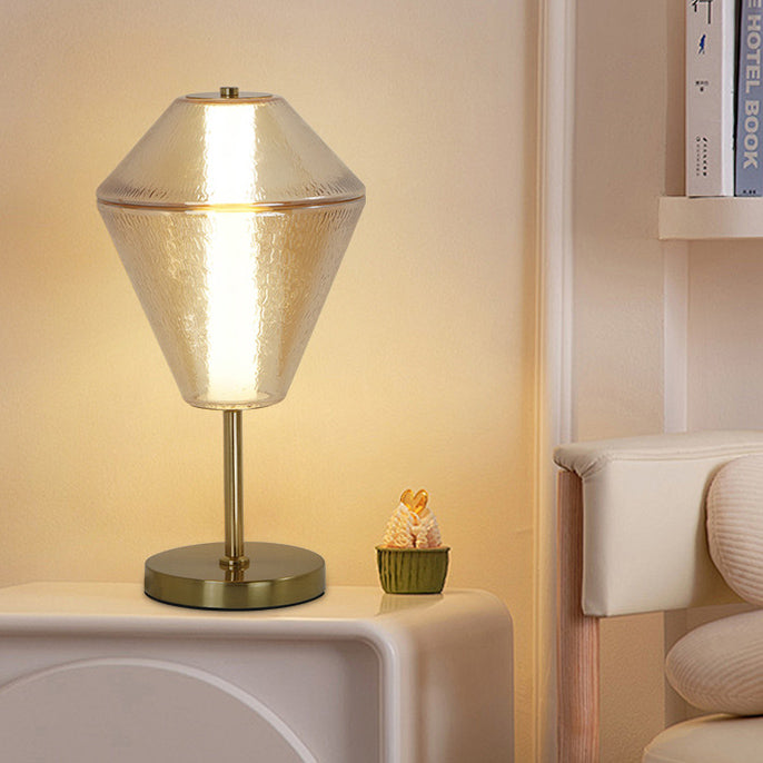 مصباح طاولة LED زجاجي بنمط تموجات الماء مع مخروط هندسي مكدس من الحديد الإسكندنافي المعاصر لغرفة النوم 