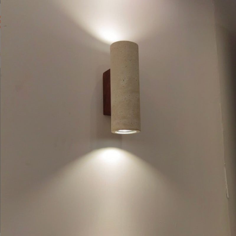 Traditional Japanese Beige Travertine Cylinder 2-Light Up And Down Illuminated Wall Sconce Lamp For Bedroom