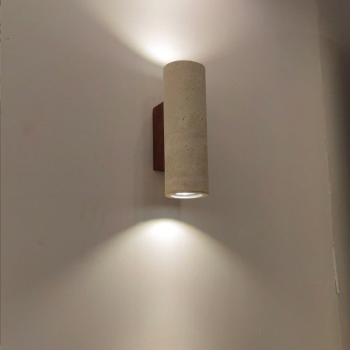 Traditional Japanese Beige Travertine Cylinder 2-Light Up And Down Illuminated Wall Sconce Lamp For Bedroom