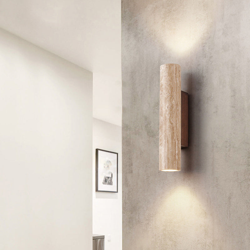 Traditional Japanese Beige Travertine Cylinder 2-Light Up And Down Illuminated Wall Sconce Lamp For Bedroom