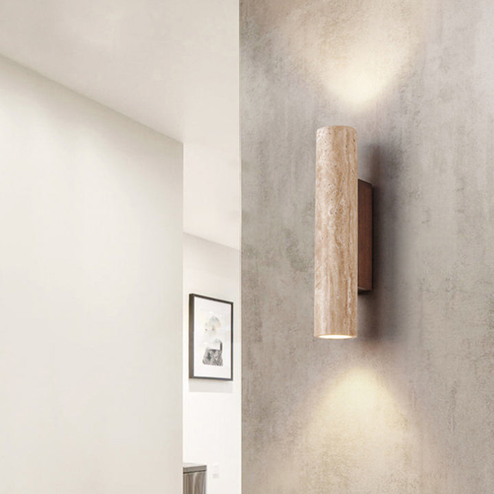 Traditional Japanese Beige Travertine Cylinder 2-Light Up And Down Illuminated Wall Sconce Lamp For Bedroom