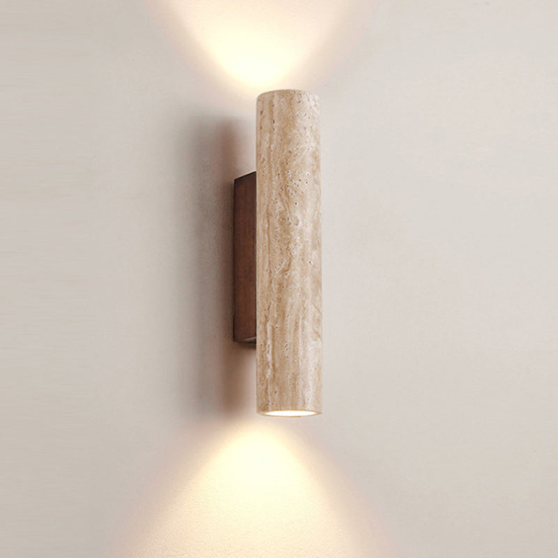 Traditional Japanese Beige Travertine Cylinder 2-Light Up And Down Illuminated Wall Sconce Lamp For Bedroom