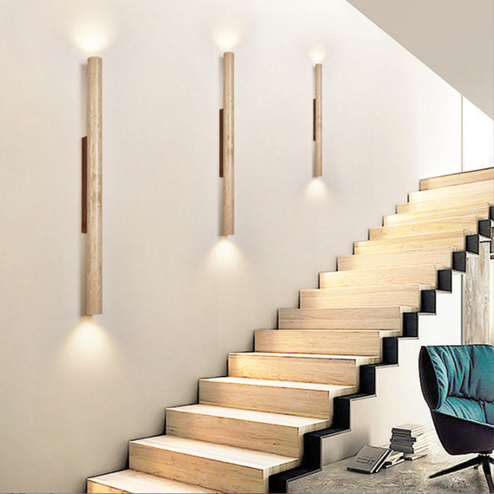 Traditional Japanese Beige Travertine Cylinder 2-Light Up And Down Illuminated Wall Sconce Lamp For Bedroom