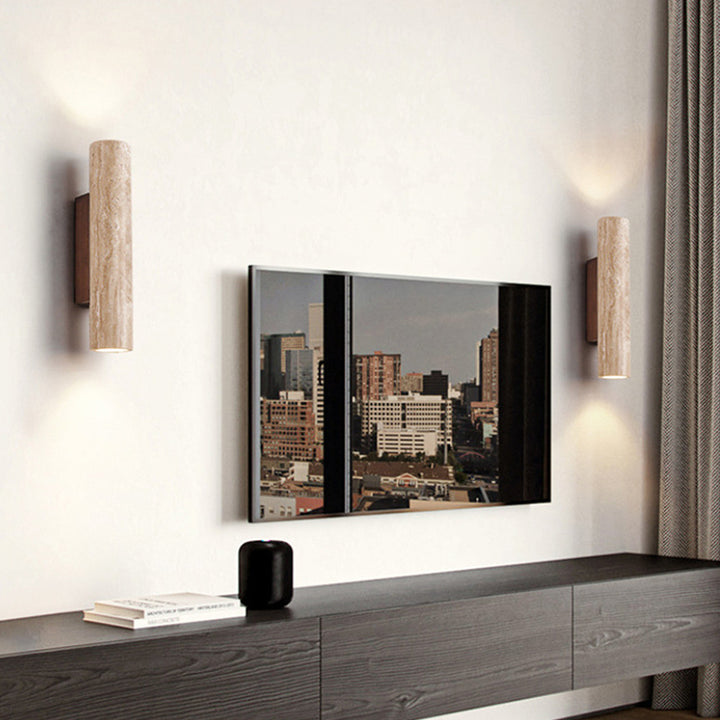 Traditional Japanese Beige Travertine Cylinder 2-Light Up And Down Illuminated Wall Sconce Lamp For Bedroom
