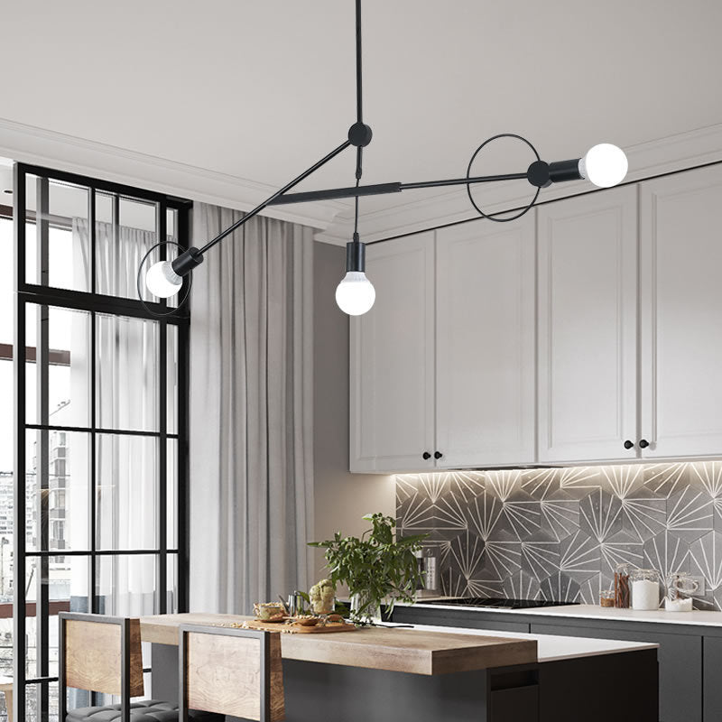 Contemporary Scandinavian Iron Long Rod 3-Light Island Light Chandelier For Living Room