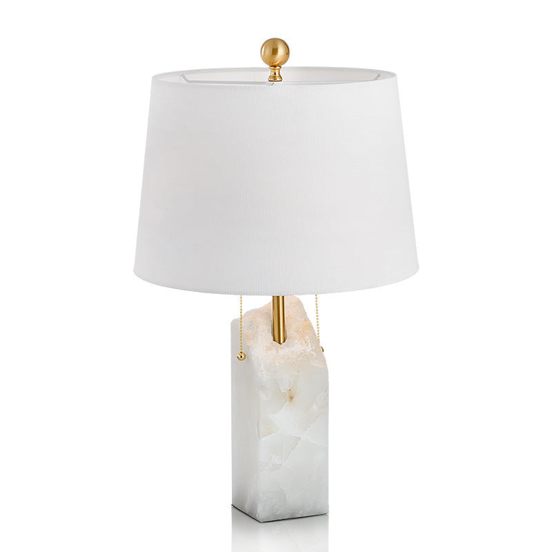 Modern Luxury Fabric Tapered Shade Raw White Alabaster Base 1-Light Table Lamp For Bedroom