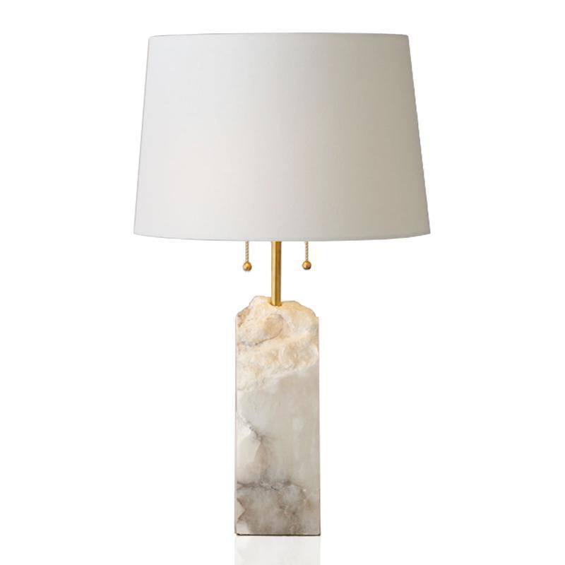 Modern Luxury Fabric Tapered Shade Raw White Alabaster Base 1-Light Table Lamp For Bedroom