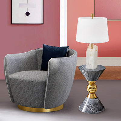 Modern Luxury Fabric Tapered Shade Raw White Alabaster Base 1-Light Table Lamp For Bedroom