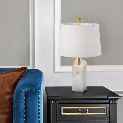Modern Luxury Fabric Tapered Shade Raw White Alabaster Base 1-Light Table Lamp For Bedroom