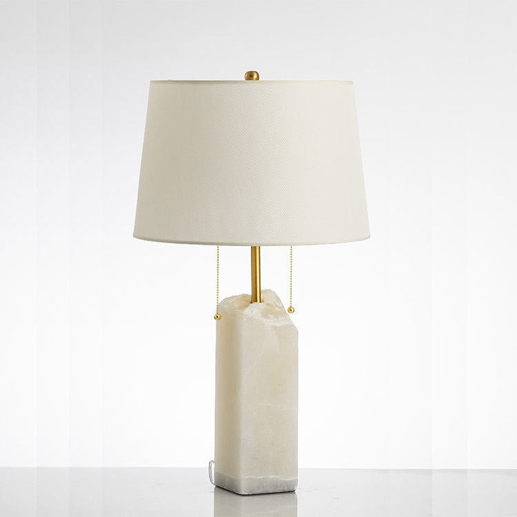 Modern Luxury Fabric Tapered Shade Raw White Alabaster Base 1-Light Table Lamp For Bedroom