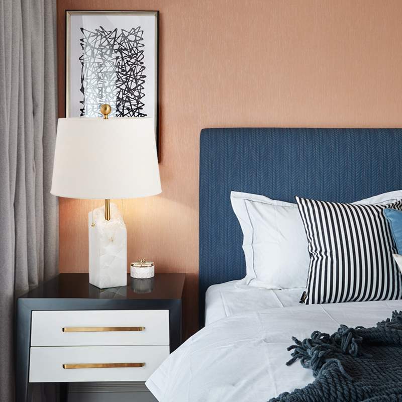 Modern Luxury Fabric Tapered Shade Raw White Alabaster Base 1-Light Table Lamp For Bedroom