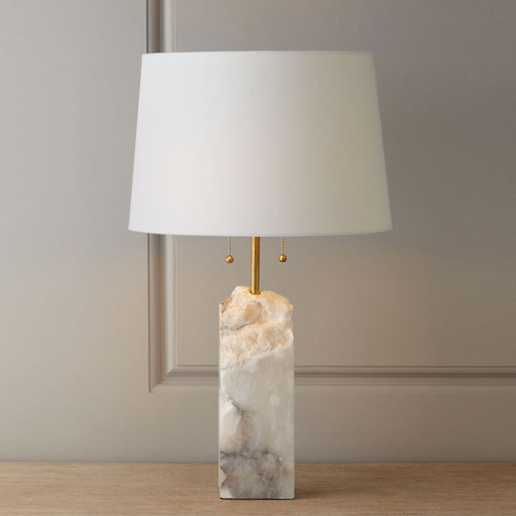 Modern Luxury Fabric Tapered Shade Raw White Alabaster Base 1-Light Table Lamp For Bedroom