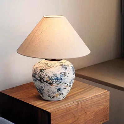 Abat-jour effilé en tissu japonais traditionnel, lampe de table en céramique faite à la main à 1 lumière pour chambre 