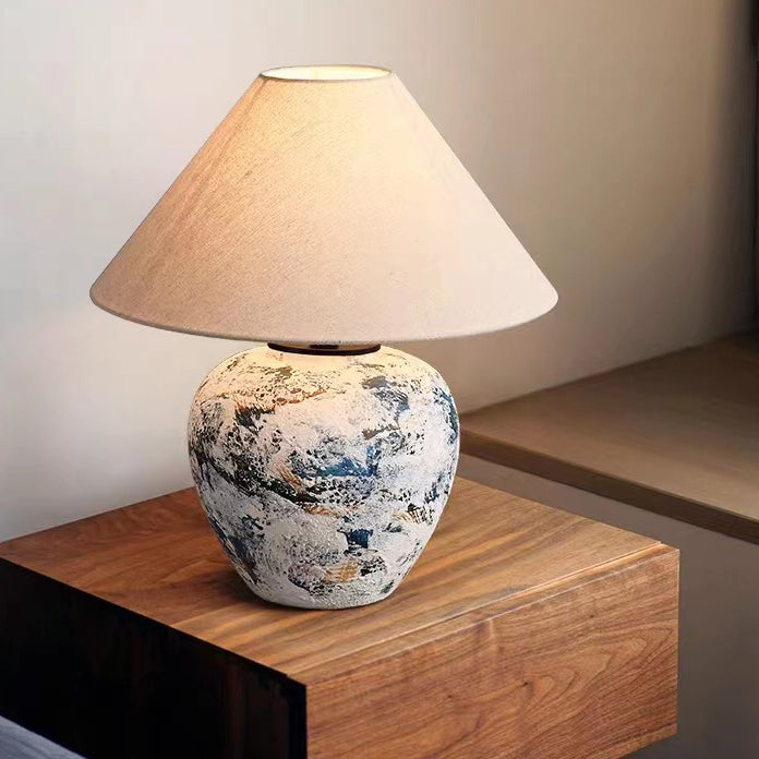 Abat-jour effilé en tissu japonais traditionnel, lampe de table en céramique faite à la main à 1 lumière pour chambre 