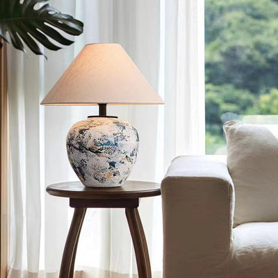 Abat-jour effilé en tissu japonais traditionnel, lampe de table en céramique faite à la main à 1 lumière pour chambre 