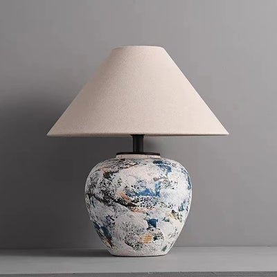 Abat-jour effilé en tissu japonais traditionnel, lampe de table en céramique faite à la main à 1 lumière pour chambre 