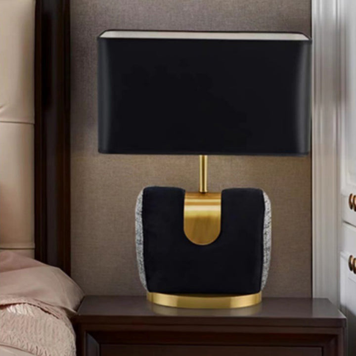 Modern Eclectic Fabric Square Shade Leather Iron 1-Light Table Lamp For Bedroom