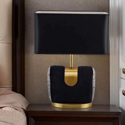 Moderne eklektische Stoffquadrat-Schirm Leder Eisen 1-Licht Tischlampe für Schlafzimmer 