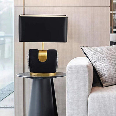 Moderne eklektische Stoffquadrat-Schirm Leder Eisen 1-Licht Tischlampe für Schlafzimmer 
