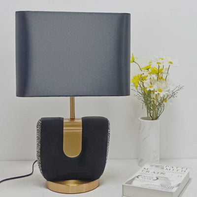 Moderne eklektische Stoffquadrat-Schirm Leder Eisen 1-Licht Tischlampe für Schlafzimmer 