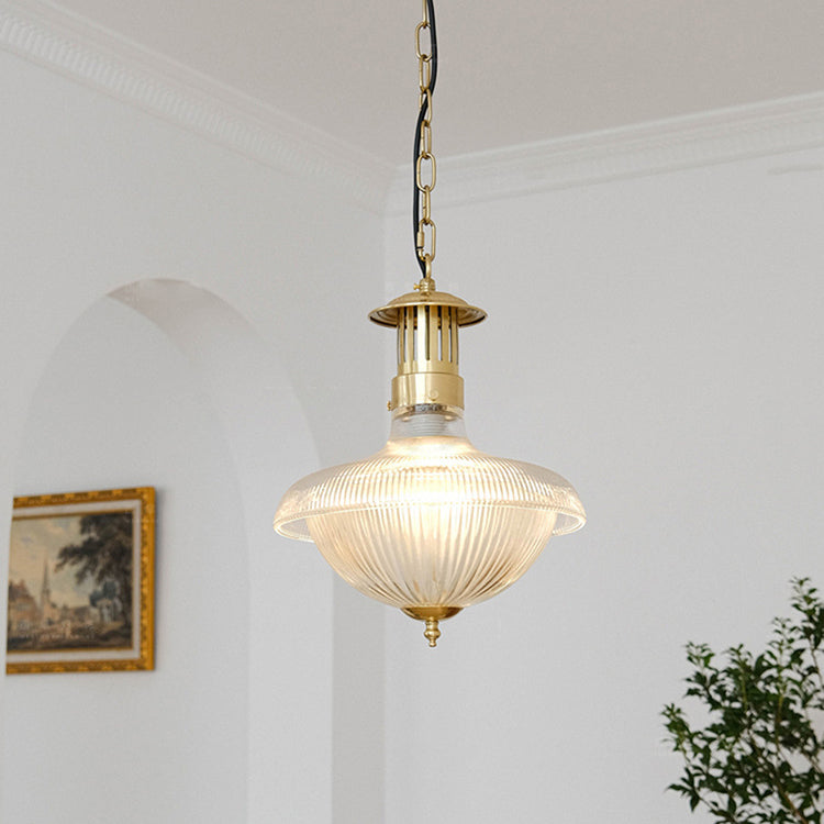 Contemporary Industrial Ribbed Glass Funnel Shade Iron 1-Light Pendant Light For Bedroom