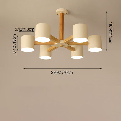Zeitgenössische skandinavische Deckenleuchte mit massivem Holzrahmen, zylindrischem Schirm und 6/8-Licht-Halbeinbau für das Wohnzimmer 