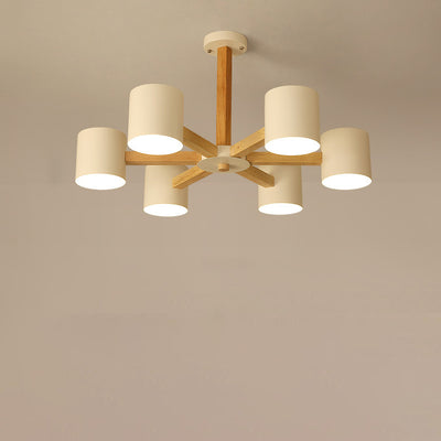 Zeitgenössische skandinavische Deckenleuchte mit massivem Holzrahmen, zylindrischem Schirm und 6/8-Licht-Halbeinbau für das Wohnzimmer 