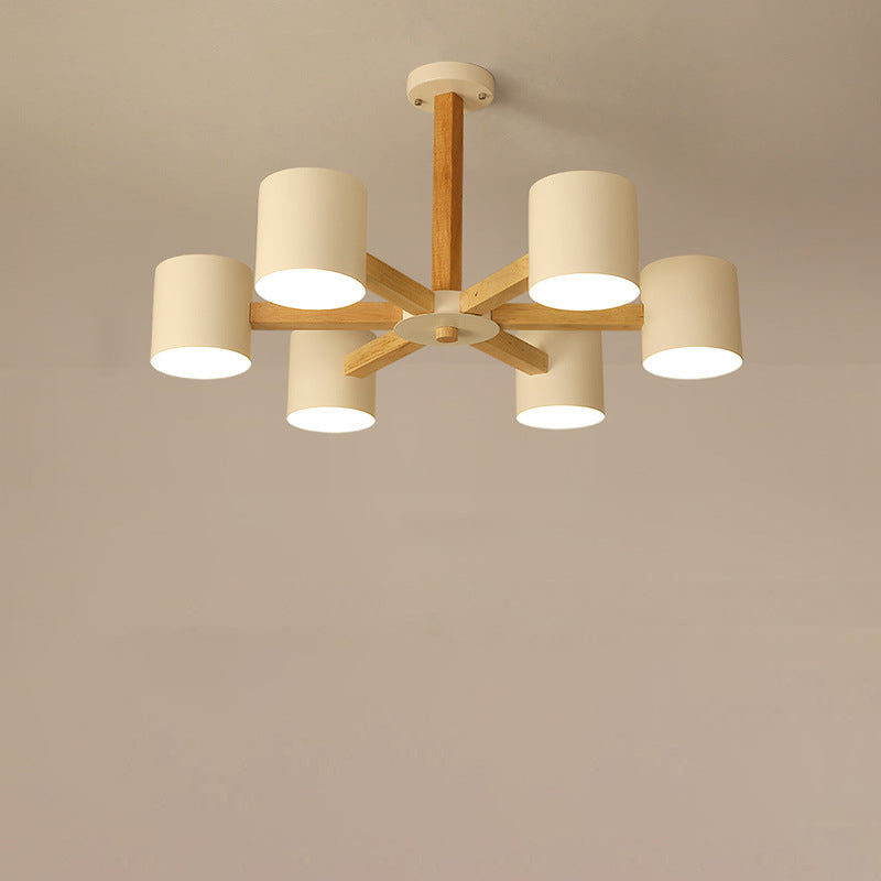 Zeitgenössische skandinavische Deckenleuchte mit massivem Holzrahmen, zylindrischem Schirm und 6/8-Licht-Halbeinbau für das Wohnzimmer 
