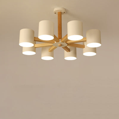 Zeitgenössische skandinavische Deckenleuchte mit massivem Holzrahmen, zylindrischem Schirm und 6/8-Licht-Halbeinbau für das Wohnzimmer 